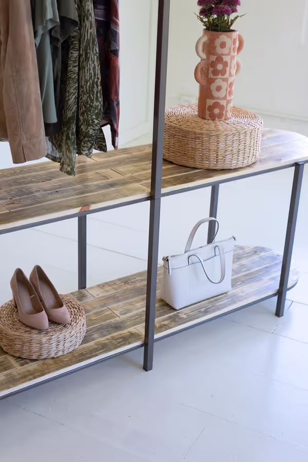 Tall Asymmetrical Iron and Recycled Wood Garment Display