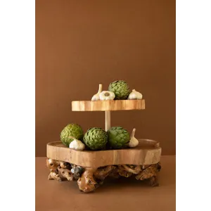 Two-Tiered Mulberry Root and Willow Wood Serving Tower 5