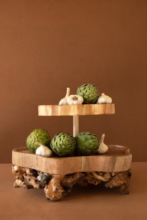 Two-Tiered Mulberry Root and Willow Wood Serving Tower