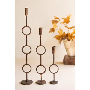 Set of 3 Forged-Iron Antique Brass Rings Taper Candle Holders 3
