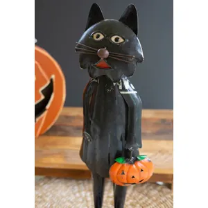 Recycled Iron Standing Black Halloween Cat Holding Pumpkin 3