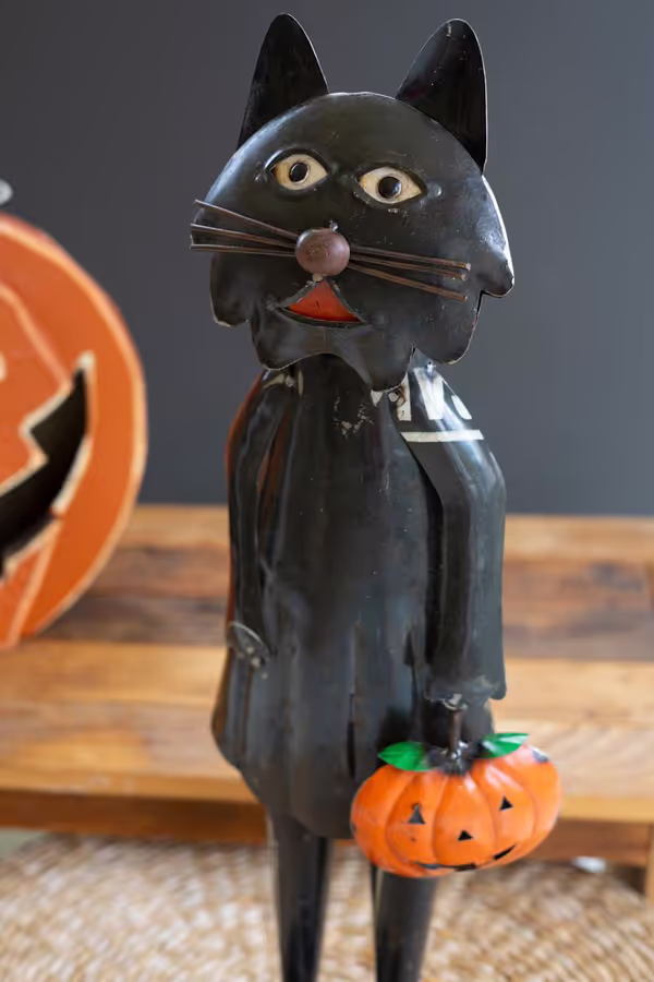 Recycled Iron Standing Black Halloween Cat Holding Pumpkin