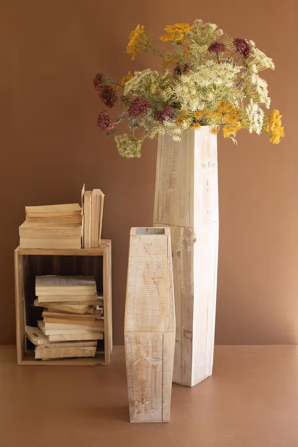 Set of 2 White-Washed Tall Oblong Wooden Vases