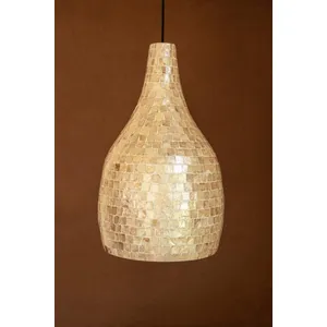 Teardrop Spun Bamboo Pendant Light with Neutral Capiz Shell Detail 1