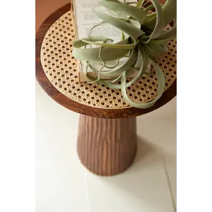 Round Wooden Side Table with Woven Cane Top 2