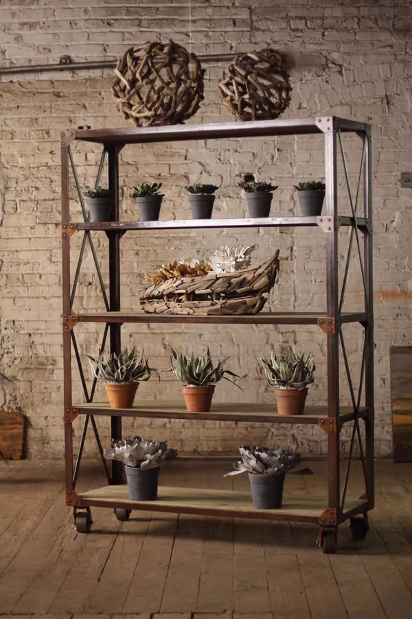 Large Iron and Wood Display with Five Shelves and Iron Casters