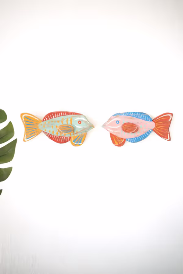 Set of 2 Colorful Wood Fish Wall Plaques