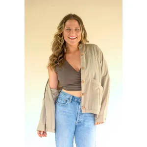 Lightweight Button-Front Bomber Jacket with Front Pockets / Oatmeal 3