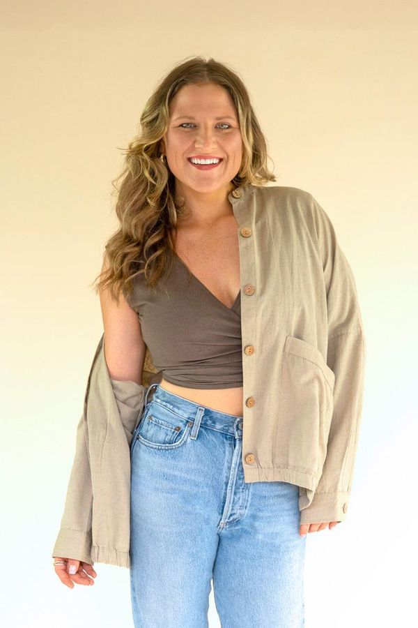 Lightweight Button-Front Bomber Jacket with Front Pockets / Oatmeal