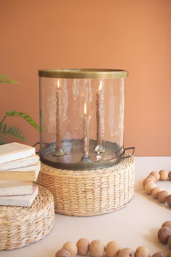 Glass Cylinder with Antique Brass Taper Candle Holder