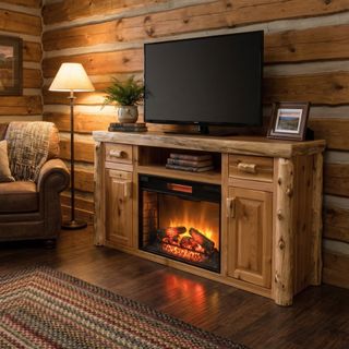 Cedar Log Entertainment Center with Fireplace - Weathered