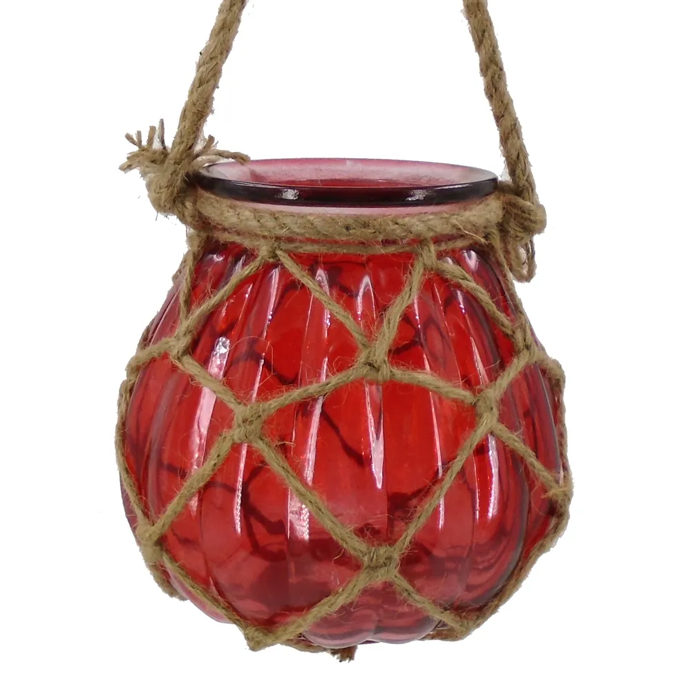 7" RED GLASS JUG W/ROPE NET