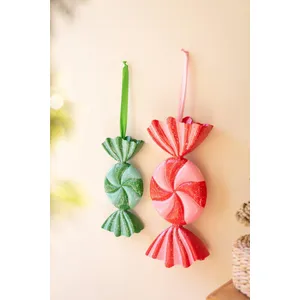 Set of 2 Large Painted Metal Colorful Christmas Candy Ornaments 4
