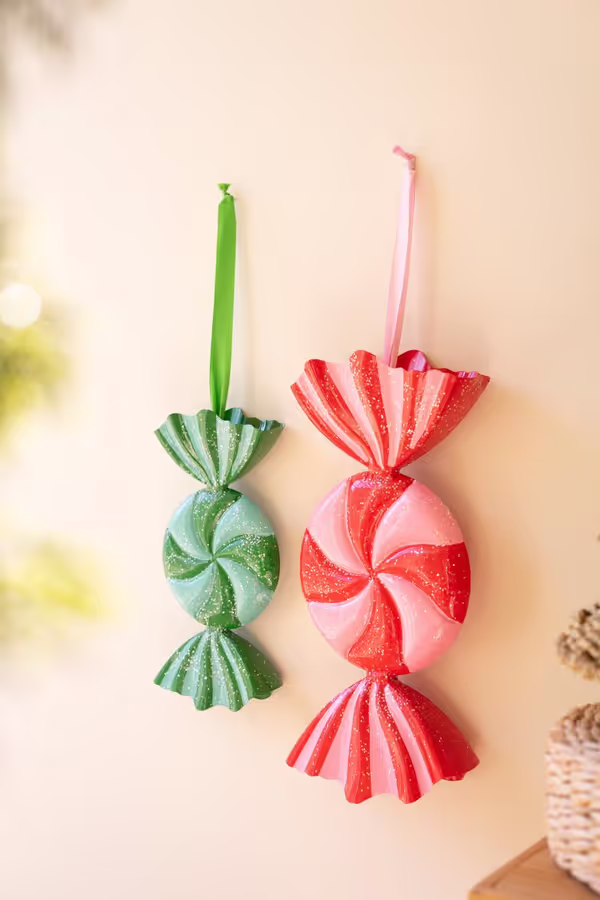 Set of 2 Large Painted Metal Colorful Christmas Candy Ornaments