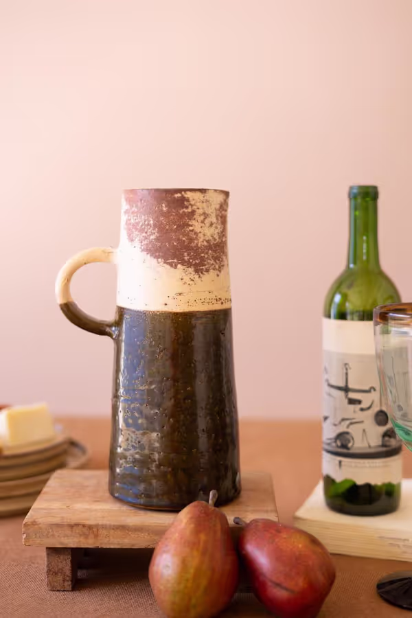 Tall Single Handle Brown and White Pitcher Vase