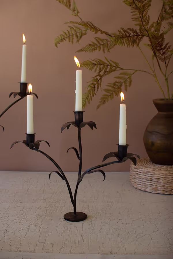 Set of 2 Forged-Iron Triple Taper Candelabras