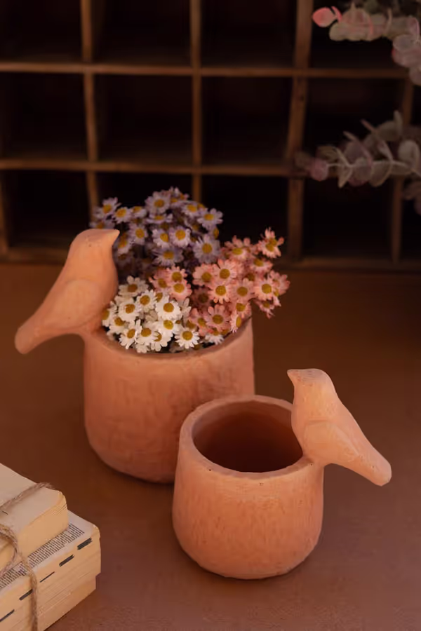Set of 2 Concrete Bird Planters with Terracotta Finish