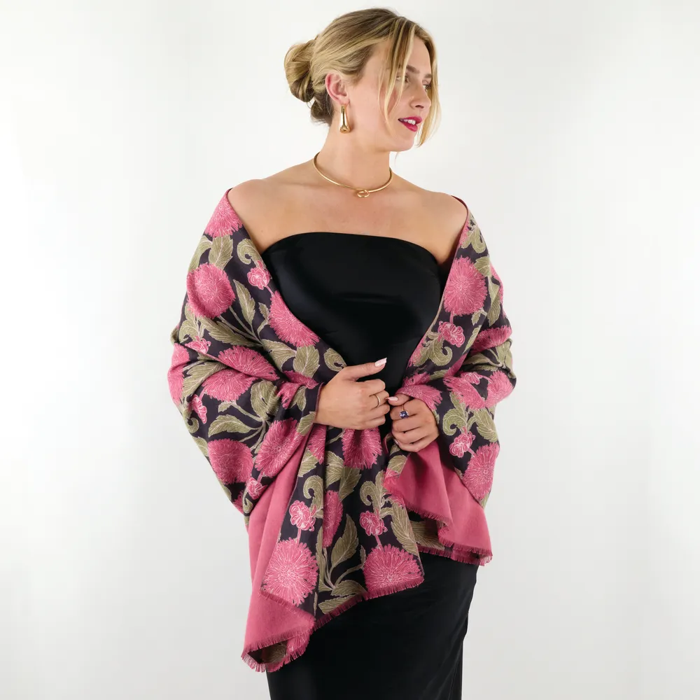 Chrysanthemum Flower Pink Reversible Wrap Scarf