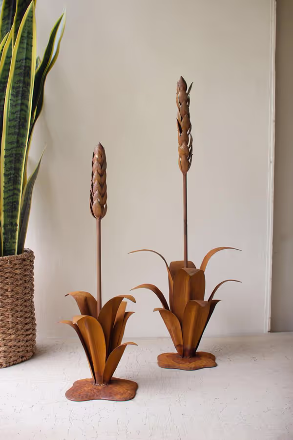 Set of 2 Rustic Metal Aloe Plants with Flowers