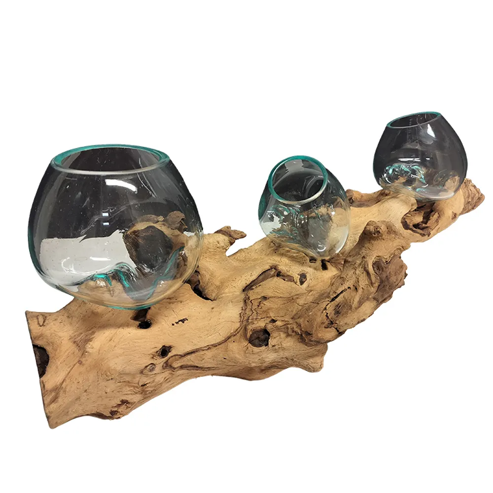 25" TRIPLE GLASS BOWL ON WOOD