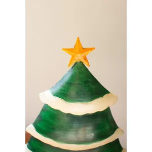 Set of 2 Painted Green and White Metal Christmas Trees on Wooden Bases 3