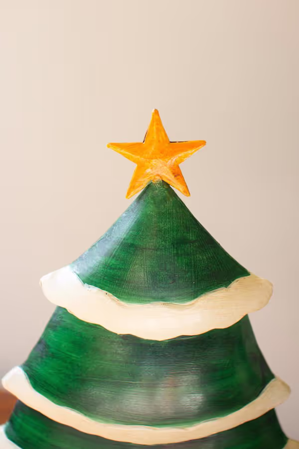 Set of 2 Painted Green and White Metal Christmas Trees on Wooden Bases