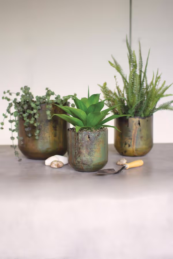 Set of 3 Rustic Verdigris Iron Planters