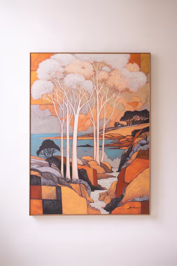 Framed Landscape with White Trees Painting