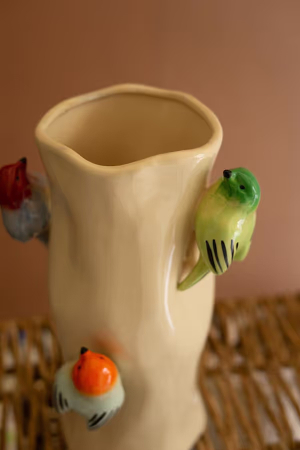 Ceramic Log Vase with Colorful Birds