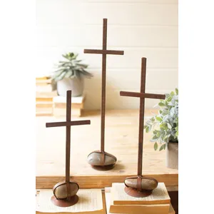 Set of 3 Scrap Metal Crosses with Caged Rock Bases 4