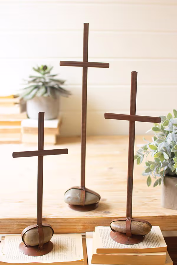 Set of 3 Scrap Metal Crosses with Caged Rock Bases
