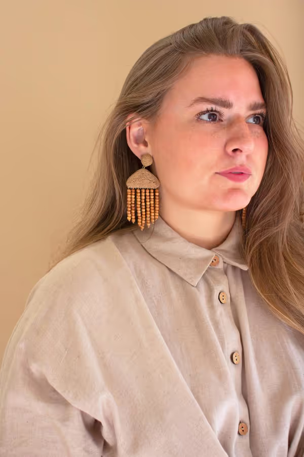 Long-Sleeve Button-Front Dress with Front-Tie Detail / Oatmeal
