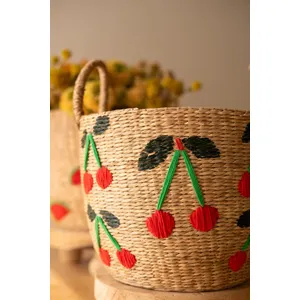 Set of 3 Seagrass Baskets with Embroidered Fruit 5