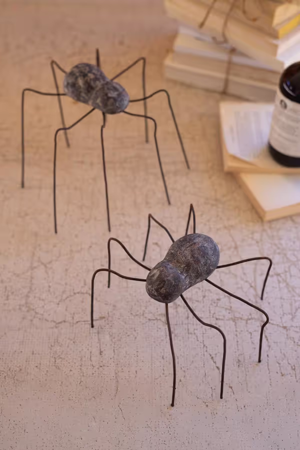 Set of 2 Clay and Wire Spiders