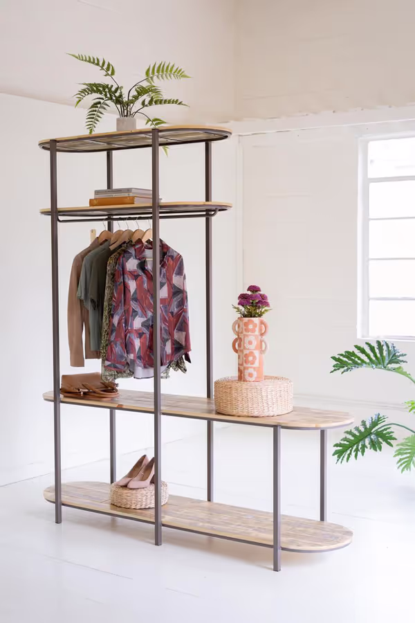 Tall Asymmetrical Iron and Recycled Wood Garment Display