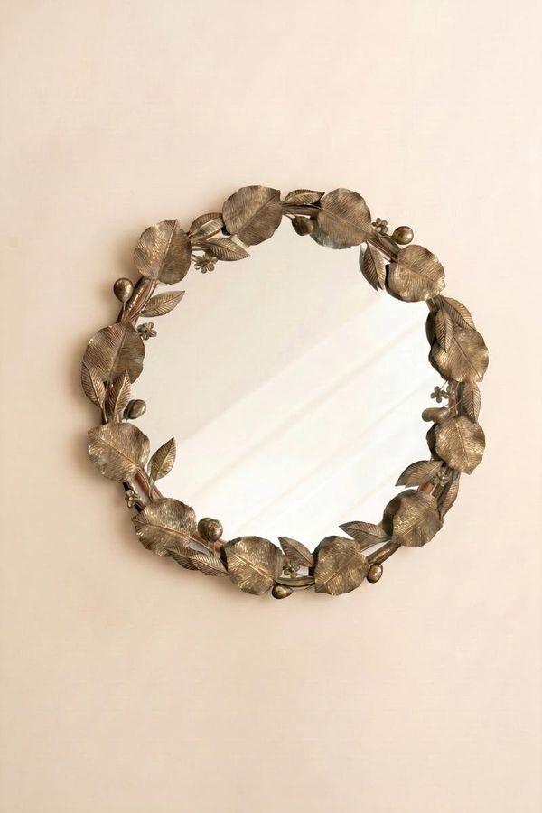Round Rustic Metal Framed Mirror with Leaf and Fruit Detail