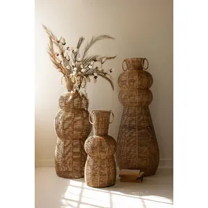 Set of 3 Woven Seagrass and Iron Floor Vases 1