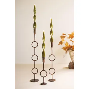 Set of 3 Forged-Iron Antique Brass Rings Taper Candle Holders 1