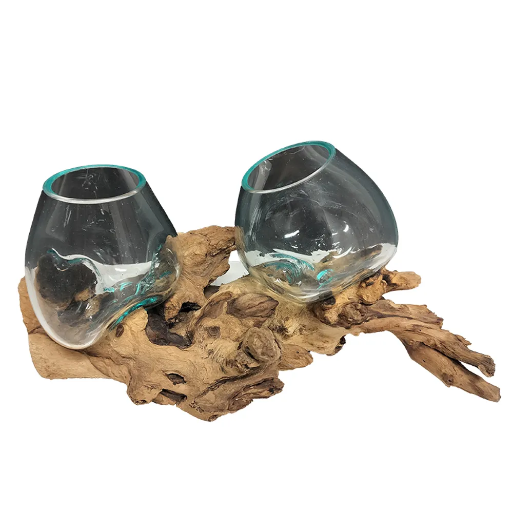 14" DOUBLE GLASS BOWL ON WOOD