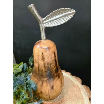 Wooden Pear with Aluminium Leaf  7.5x4x2.5in
