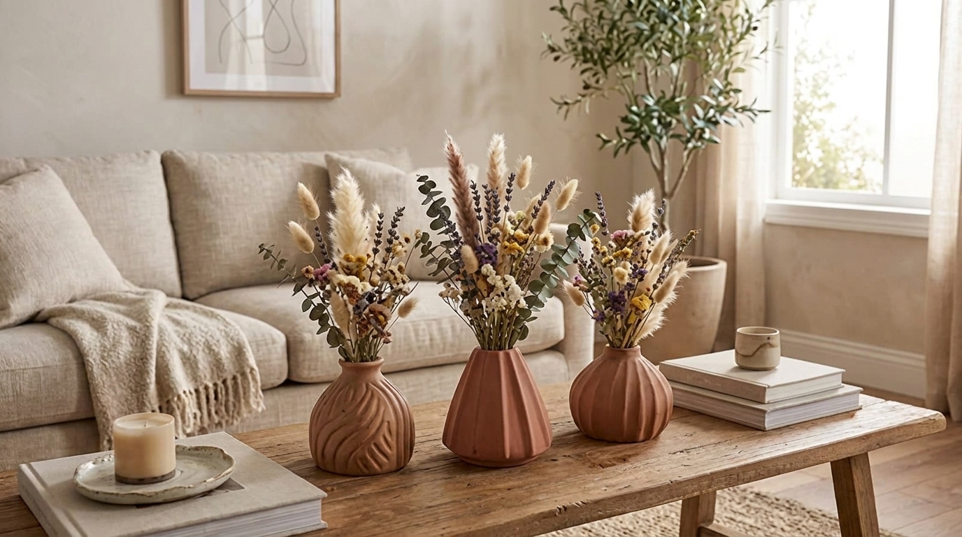 Terracotta vases with dried fall florals styled on coffee table