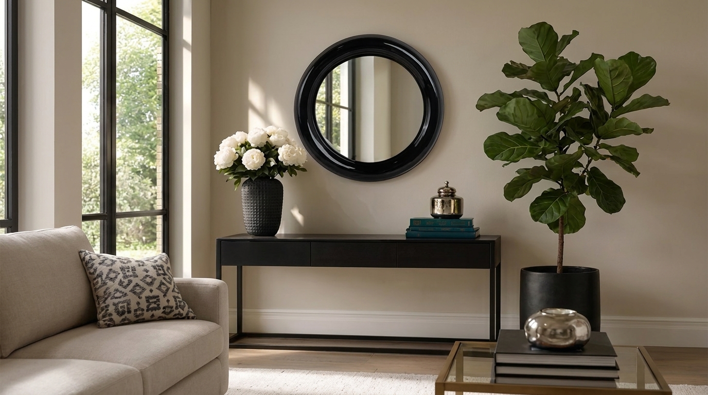 Black console table styled with round mirror peonies and stacked books