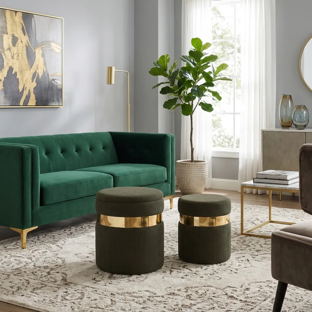 GORDENRIDGE SET OF 2 GREEN OTTOMANS 18 (IN)
