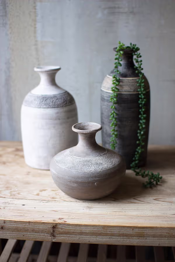 Set of 3 Black Grey and White Clay Vessels