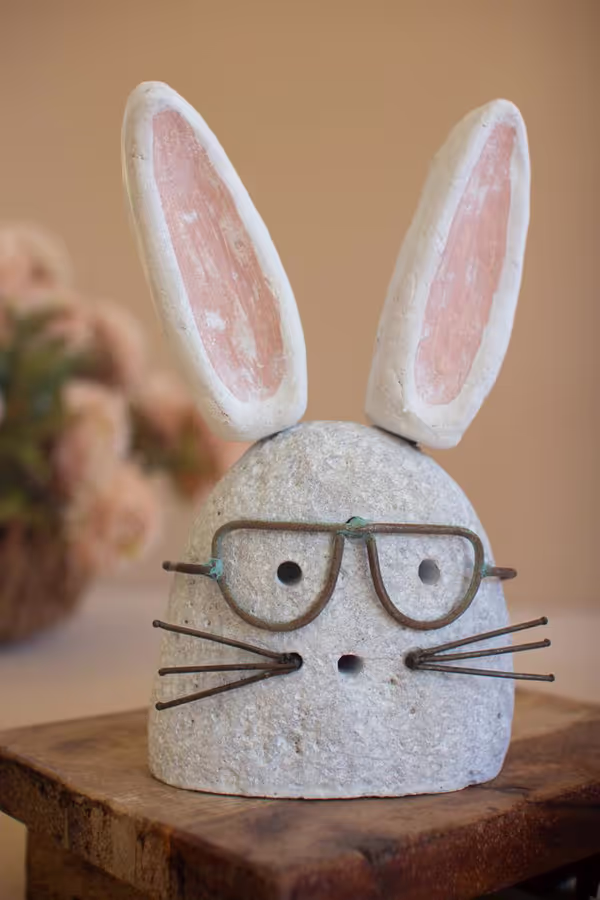 Set of 2 White-Wash Clay and River Rock Bunnies