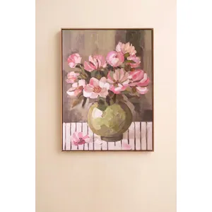 Framed Green Vase with Pink Flowers Painting 2