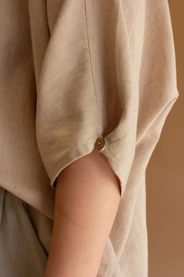 Short-Sleeve Blouse with Button Detail on Sleeves / Oatmeal