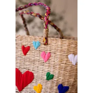 Seagrass Basket with Embroidered Hearts 2