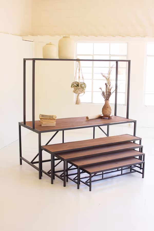 Metal and Wood Store Display Table with Wire Grid Top