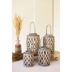 Set of 4 Grey Willow Cylinder Lanterns with Glass Inserts 1